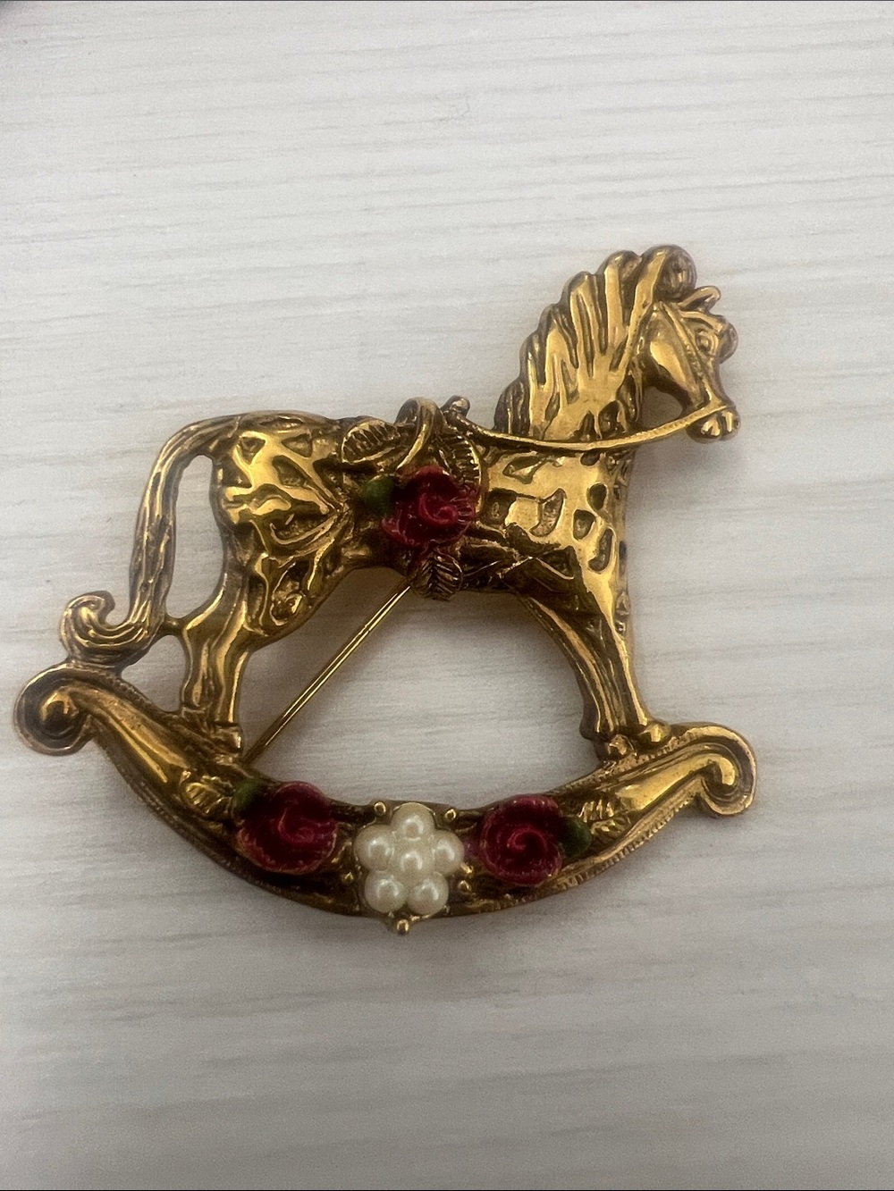 Gold-Tone Rocking Horse Brooch with Red Rose Enamel and Pearl Cluster
